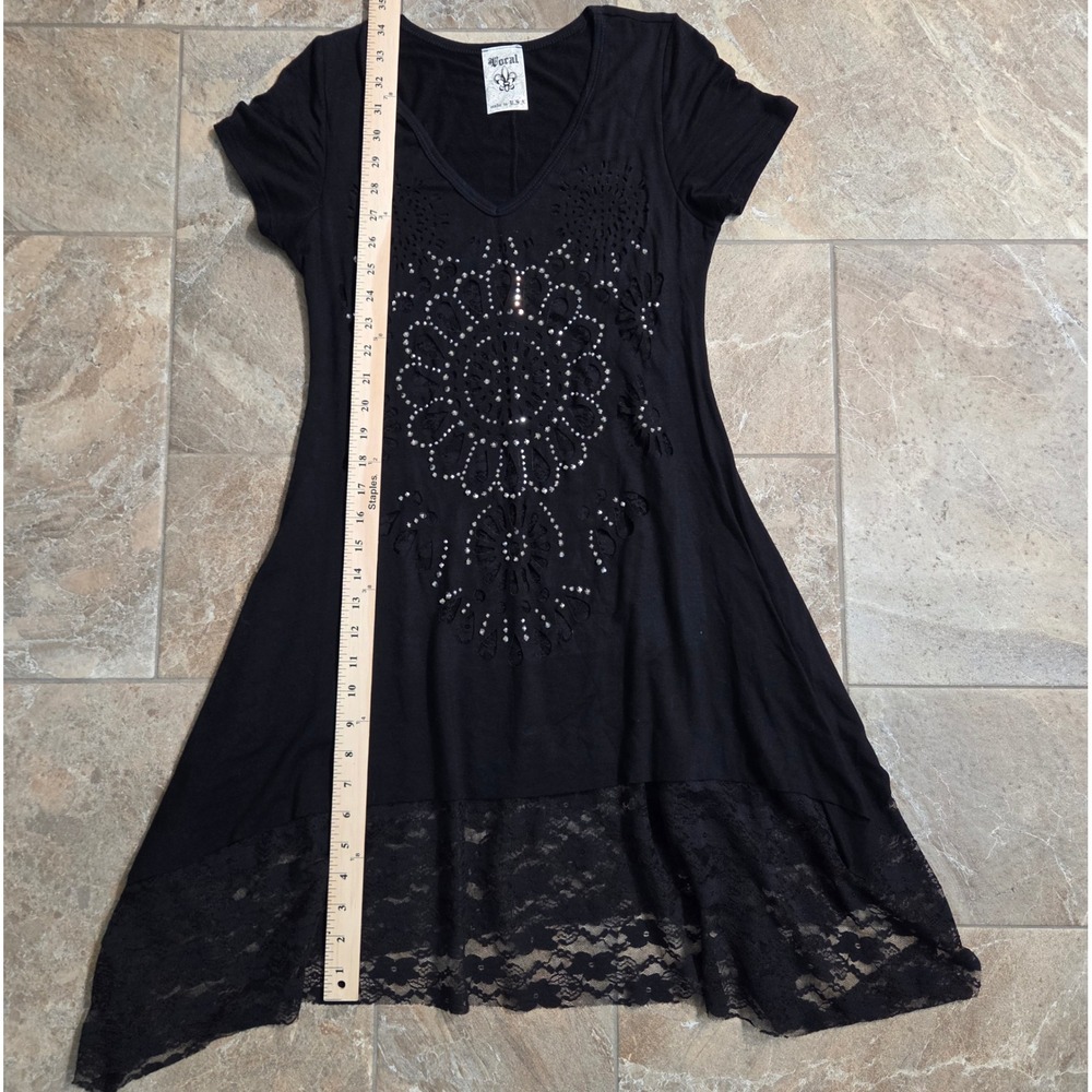 Vocal USA Black Rhinestone Laser Cut Lace Hem Tunic Mini Dress M  Y2K Edgy - Picture 3 of 11